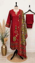 Red ikat print salwar suit with olive green dupatta and matching pants