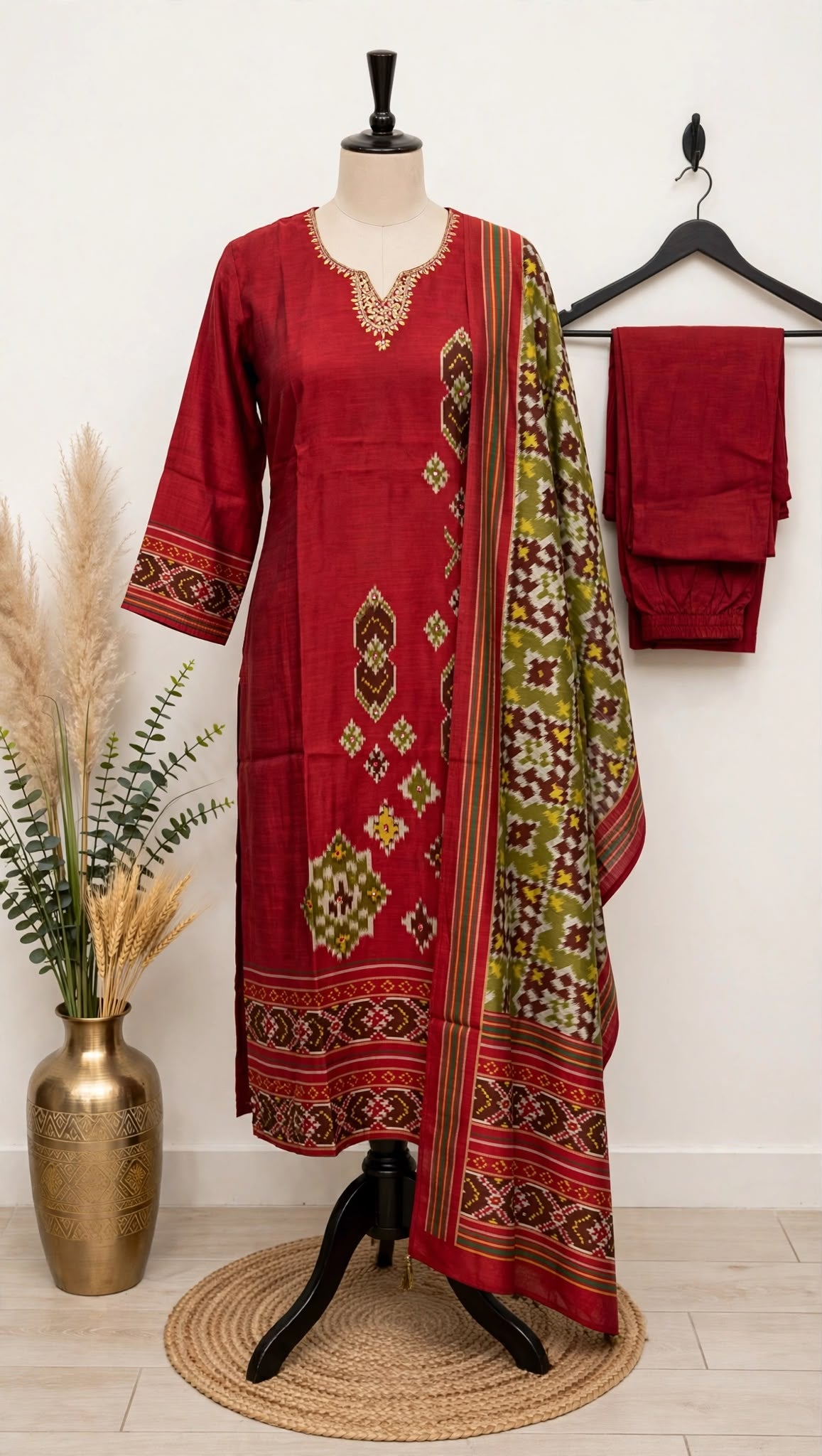 Red ikat print salwar suit with olive green dupatta and matching pants