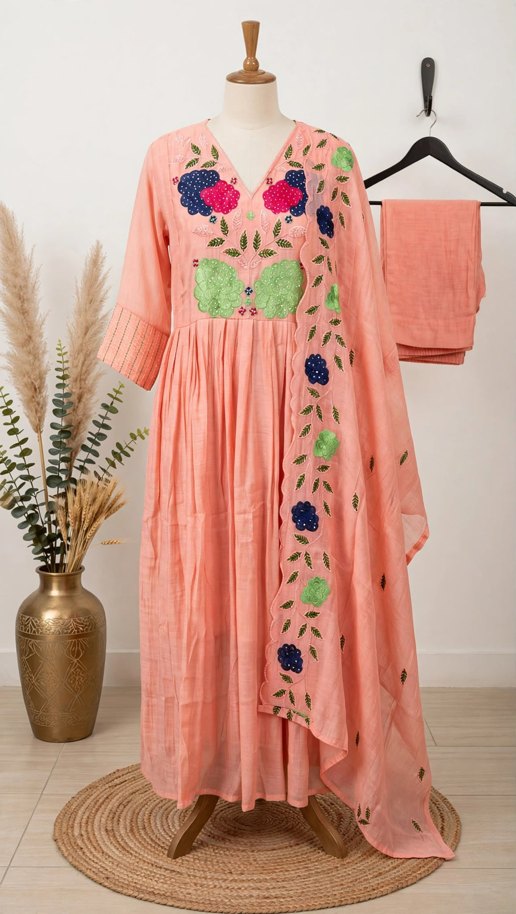 Peach embroidered Anarkali kurta set with 3D floral appliqué and matching dupatta