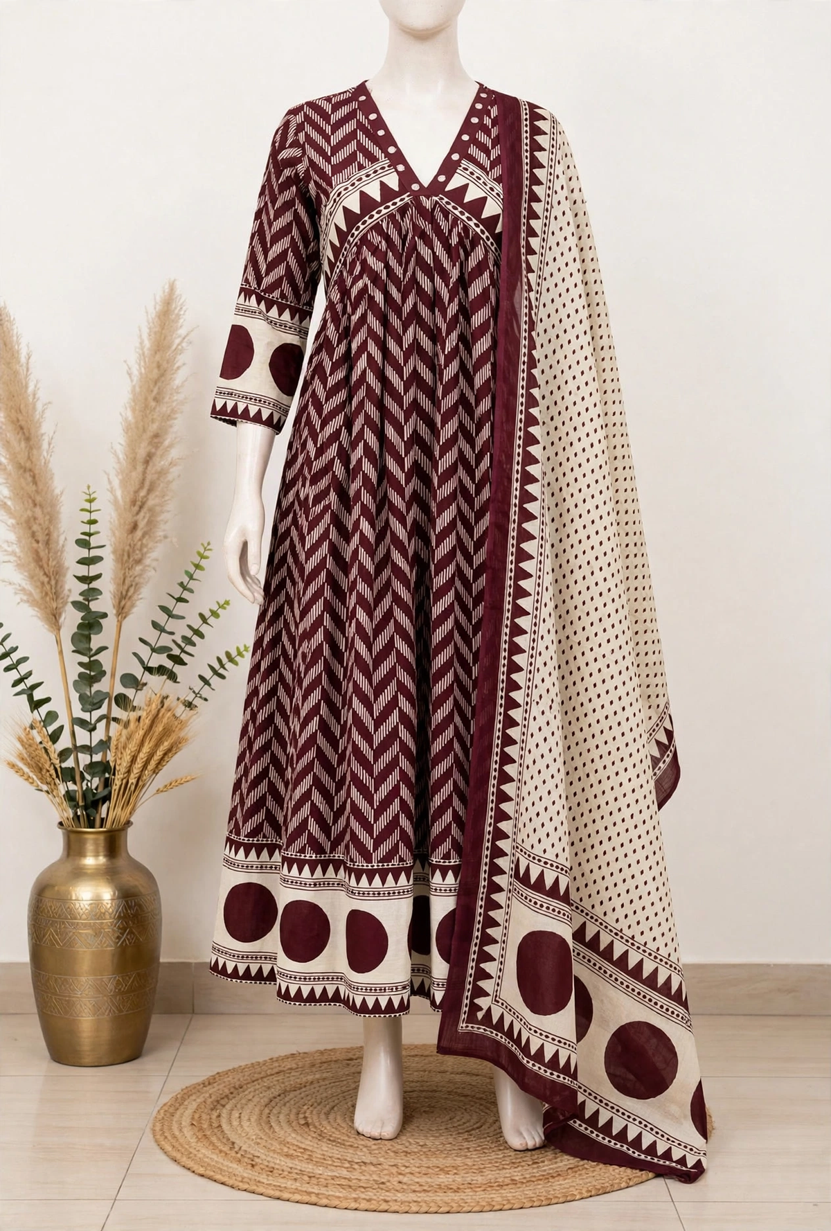 Maroon chevron print Anarkali set with cream polka dot dupatta