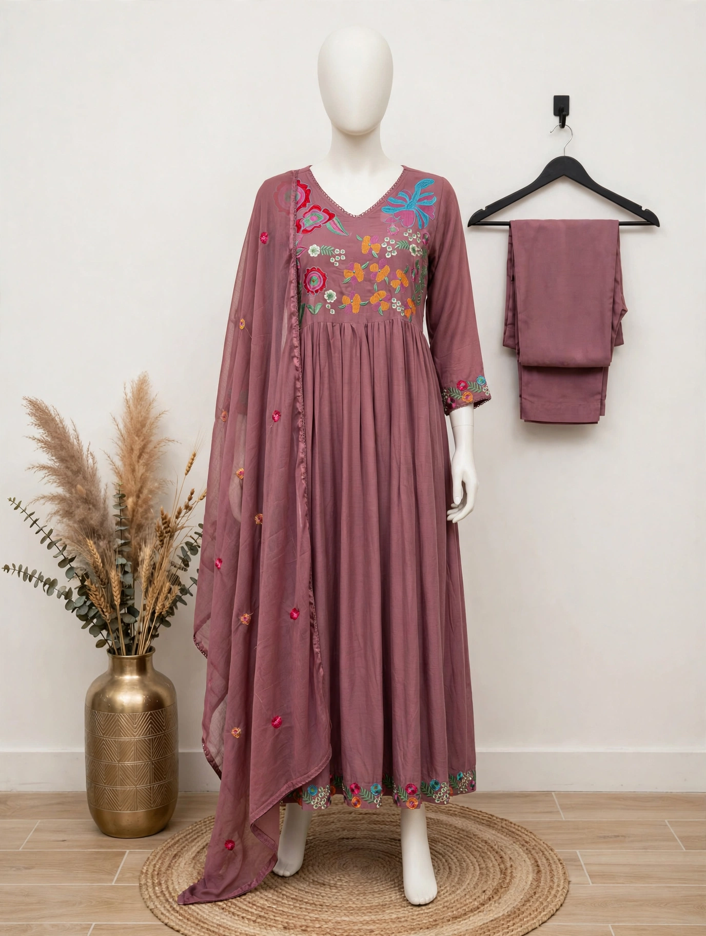 Mauve floral embroidered Anarkali kurta set with sheer dupatta and matching pants