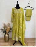 Lime green embroidered Anarkali kurta set with dupatta
