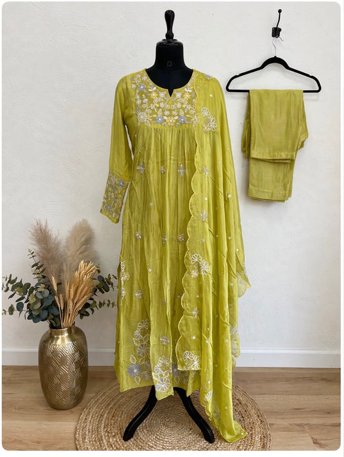 Lime green embroidered Anarkali kurta set with dupatta