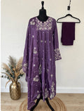 Purple embroidered Anarkali kurta set with dupatta