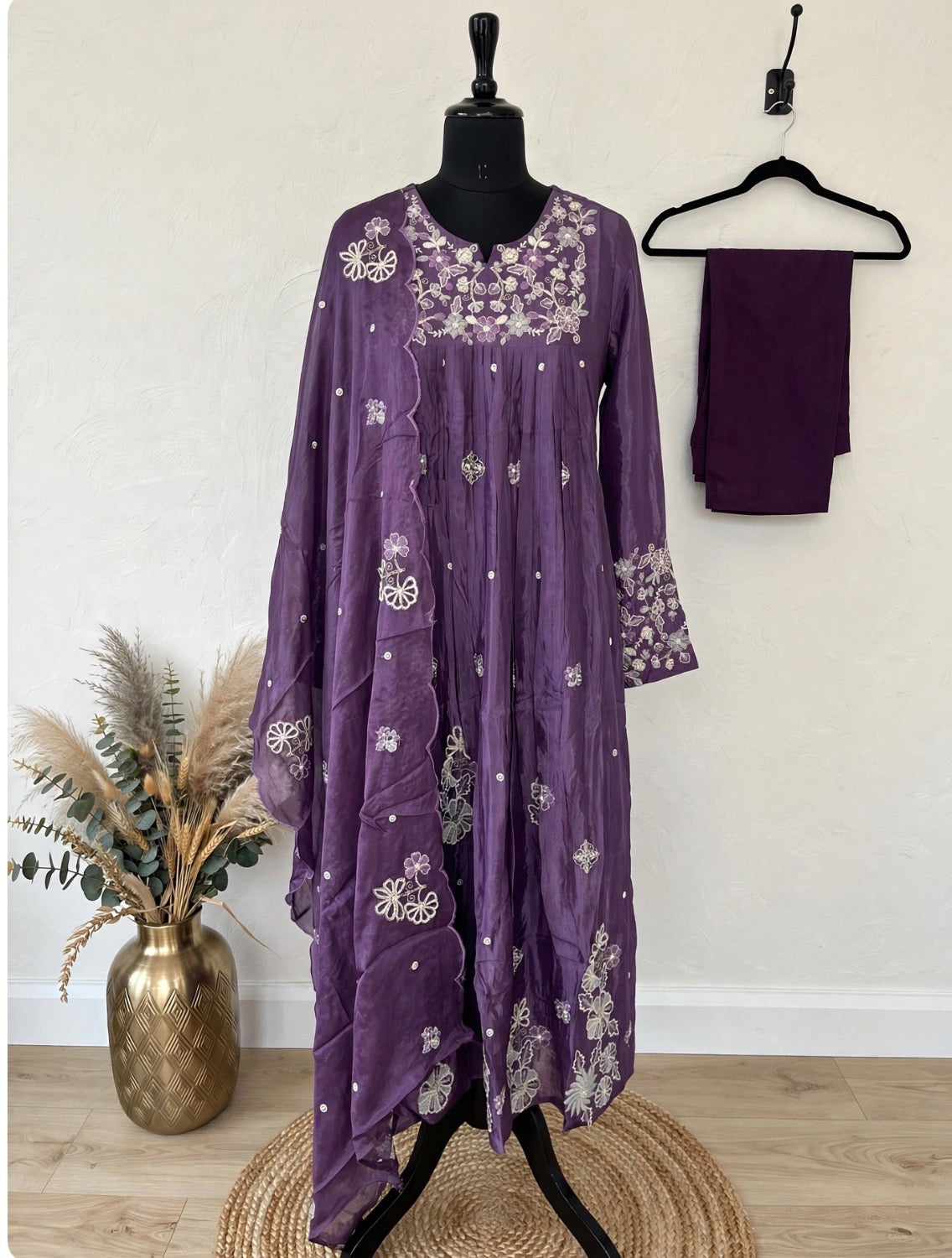 Purple embroidered Anarkali kurta set with dupatta