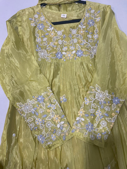 Lime Green Chinon Embroidered Anarkali Set