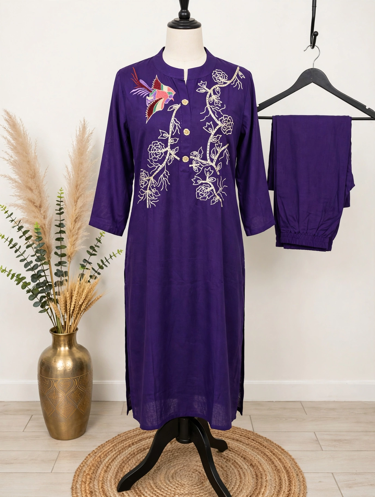 Purple bird and floral embroidered kurta set with matching pants