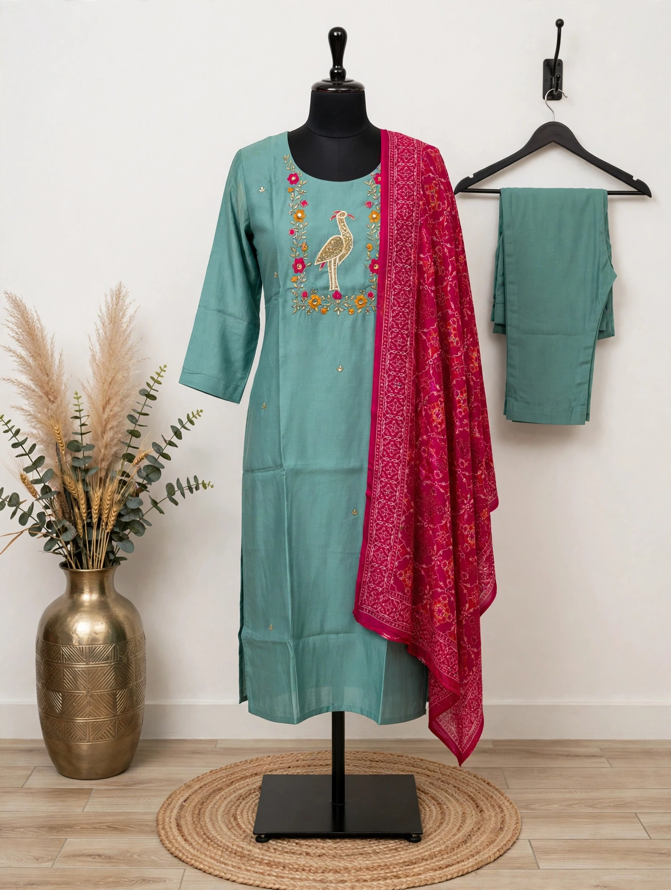 Teal Embroidered Kurta Set with Dupatta