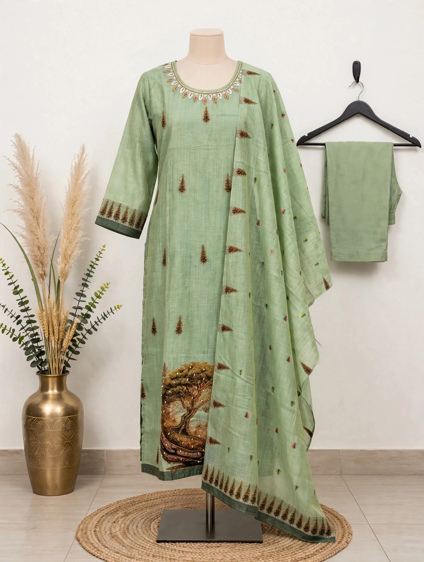 Sage green printed kurta set with jewel-embellished neckline, forest print dupatta and matching pants