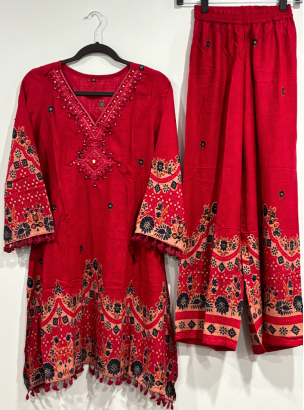 Red Mirror Work Kurta Palazzo Set — Festive Indian Fusion Co-ord'