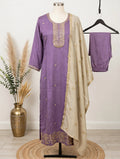 Purple embroidered 3-piece kurta set with beige dupatta and matching pants