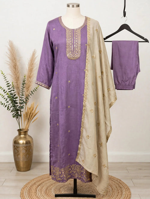 Purple embroidered 3-piece kurta set with beige dupatta and matching pants