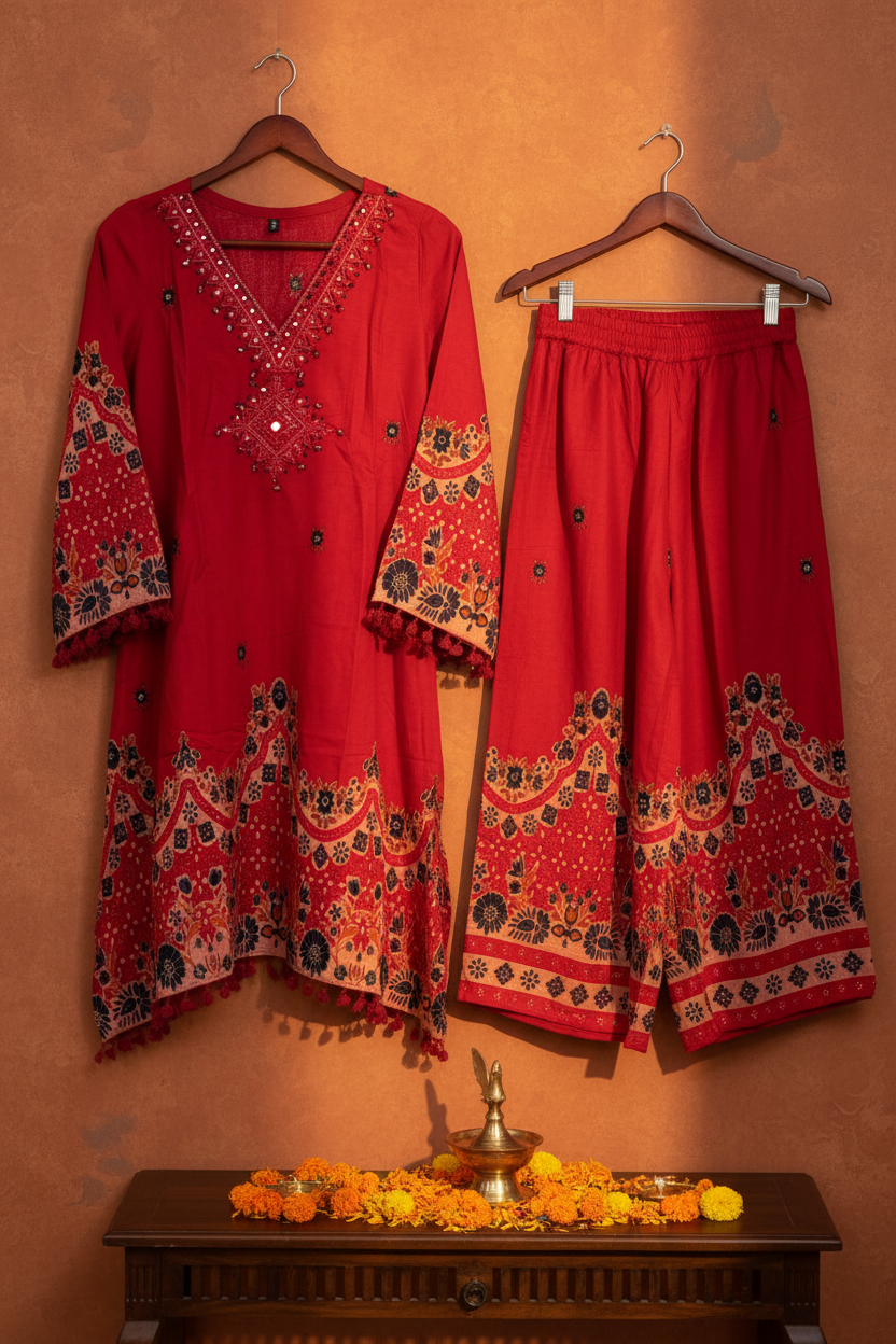 Red Mirror Work Kurta Palazzo Set